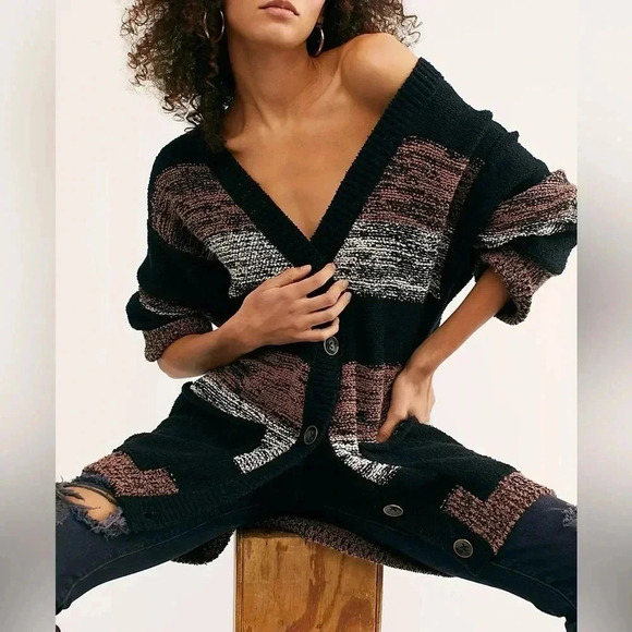 FREE PEOPLE Southport Beach Cardigan in Black Combo Size XS - Picture 1 of 12